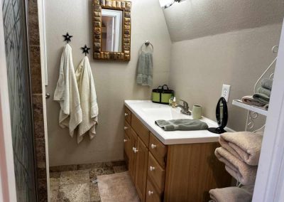 Small cozy bathroom with shower and wooden vanity