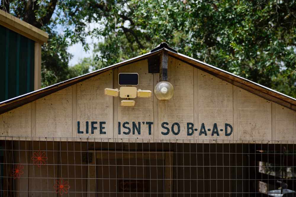 goat-pen_life-isnt-so-bad Shed with 'LIFE ISN'T SO B-AAD' sign and solar panel