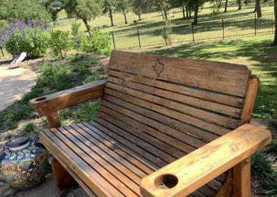Wooden bench in sunny park with trees