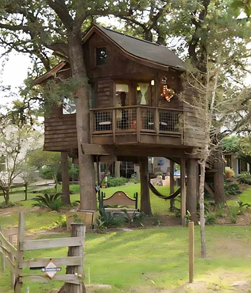 Rustic treehouse with balcony amid lush greenery