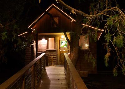 Illuminated treehouse at night with festive lights